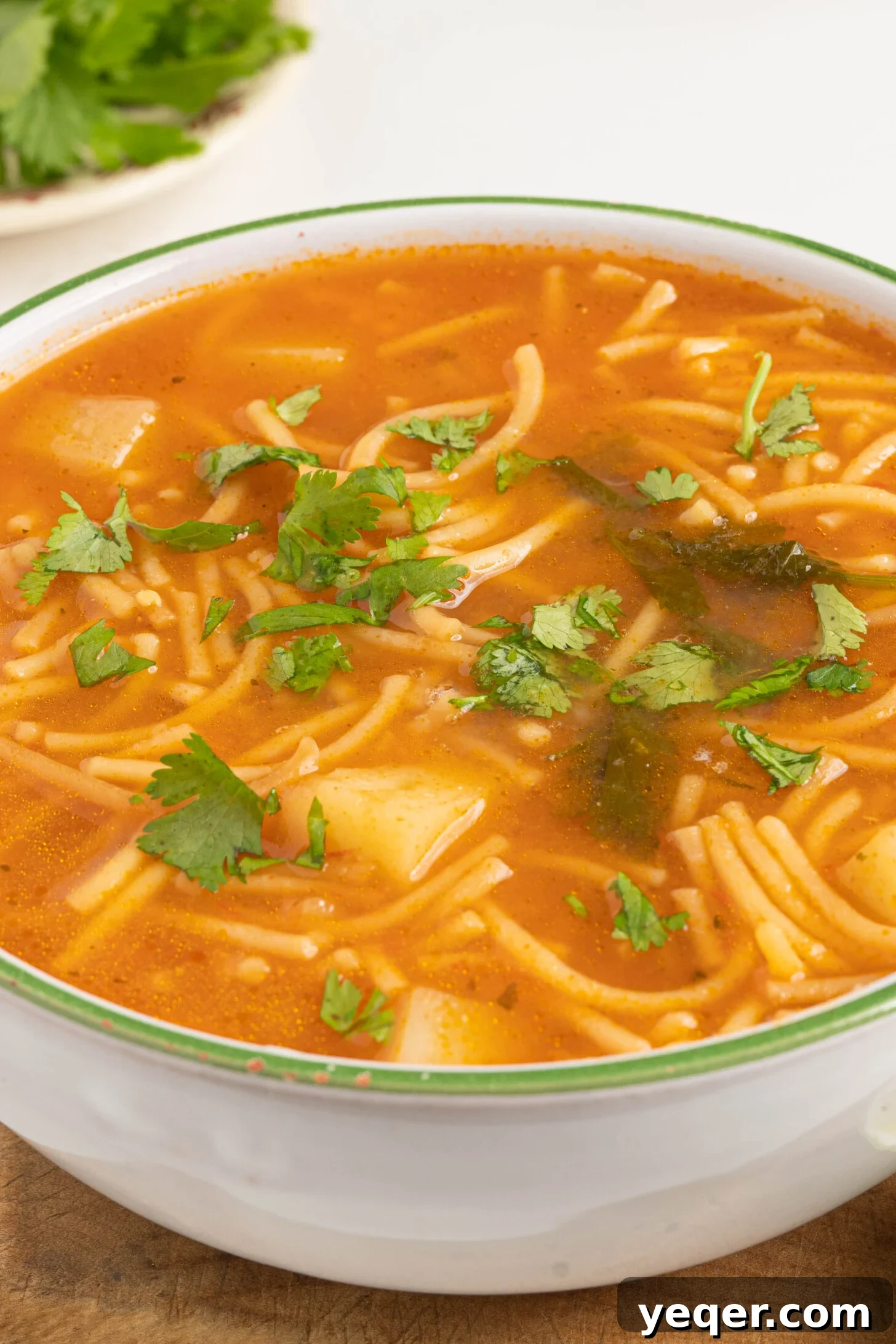 Vibrant Tomato Vermicelli Soup 10 An overhead shot of a single bowl of Sopa de Fideo, perfectly portioned and garnished, on a rustic wooden surface.
