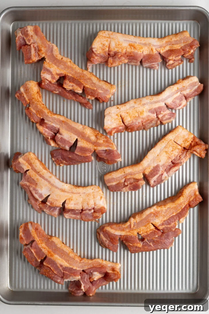 Crackling Oven-Roasted Pork Belly 4 Seasoned pork belly strips arranged on a baking sheet.