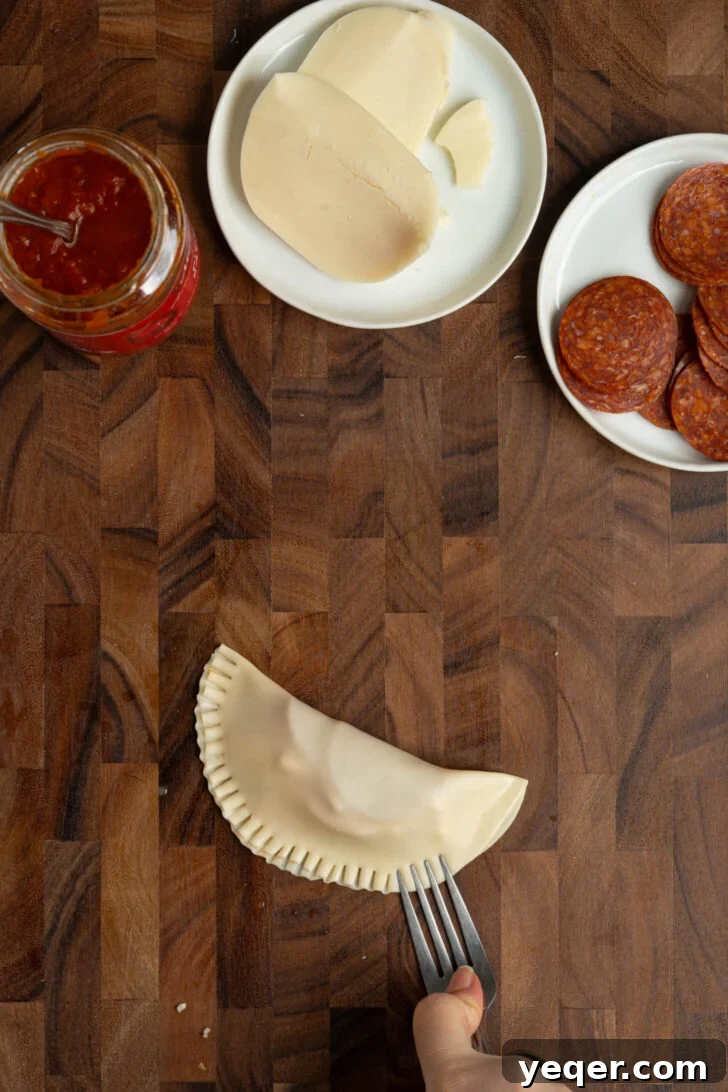 Quick Pizza Pockets 5 Sealing empanada edges shut with an egg wash and crimping with a fork.