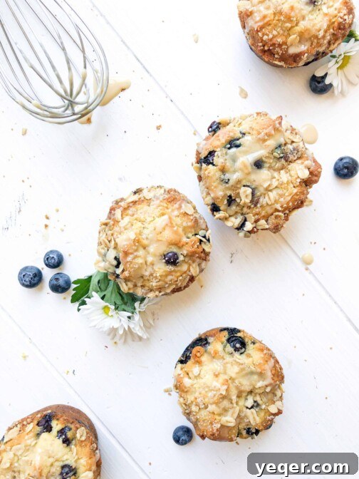 Irresistible Vegan Gluten-Free Blueberry Oat Muffins 7 Vegan blueberry muffins on a white table with a whisk