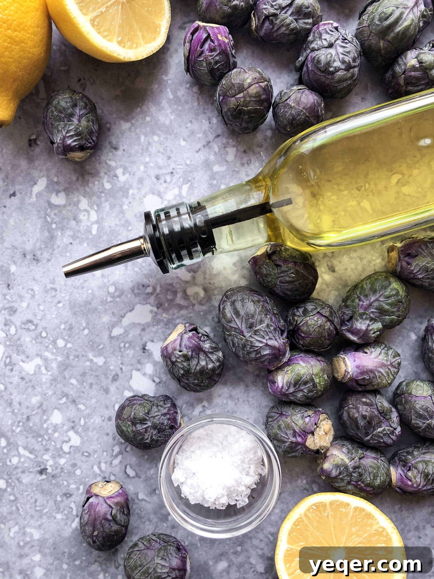 Zesty Lemon Dijon Brussels Sprouts 2 Fresh ingredients for lemon dijon brussels sprouts laid out on a clean surface.