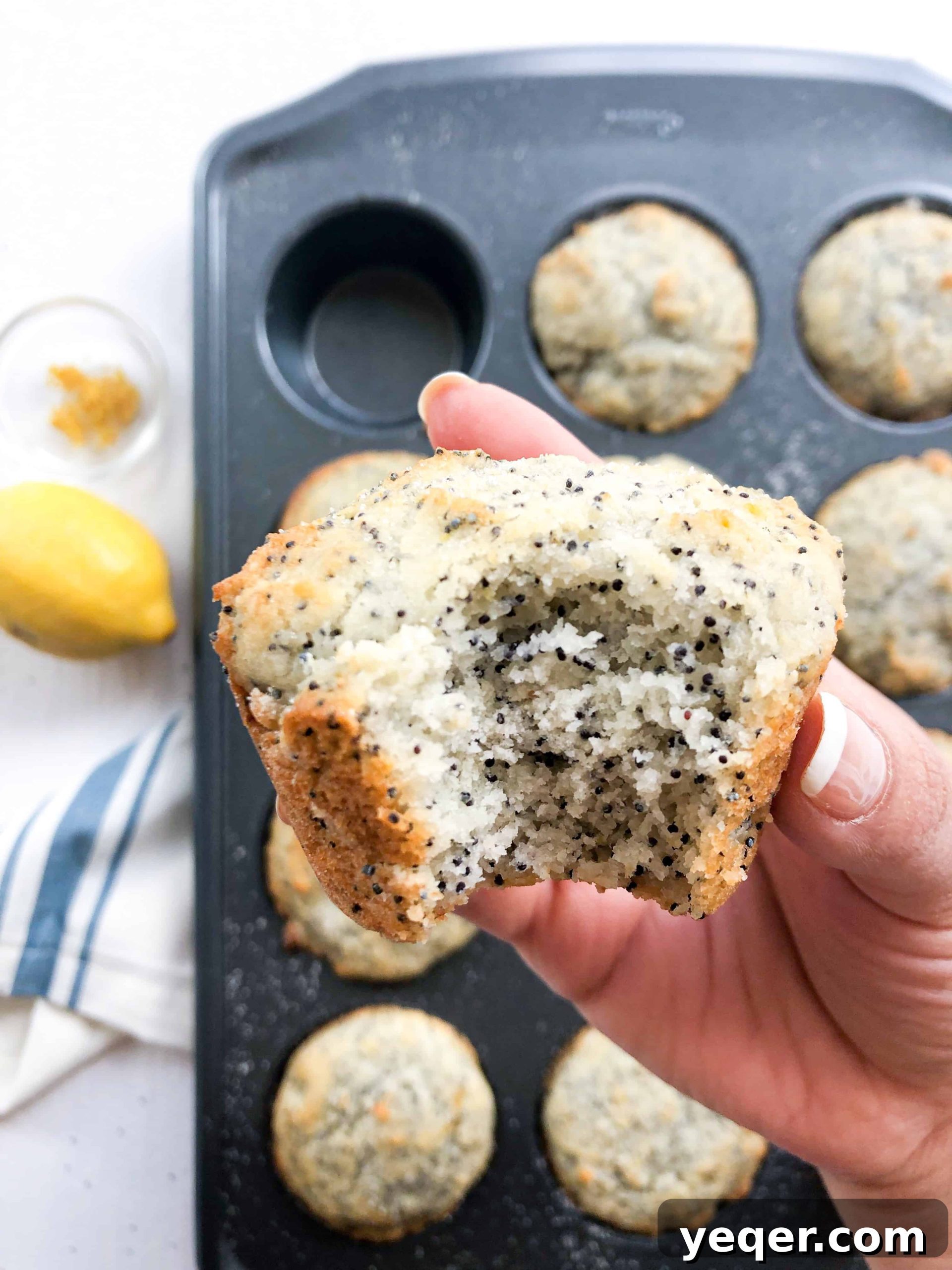 Moist Gluten-Free Poppy Seed Muffins 6 A muffin tin showcasing a batch of poppyseed muffins, with a hand reaching in to grab one, a bite already taken.