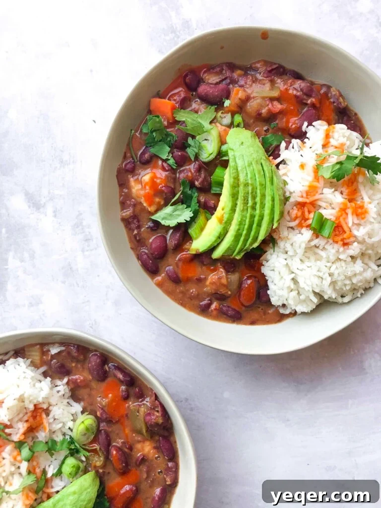 Soulful New Orleans Red Beans and Rice 5 New Orleans Style Red Beans with Rice and avocado in two bowls.