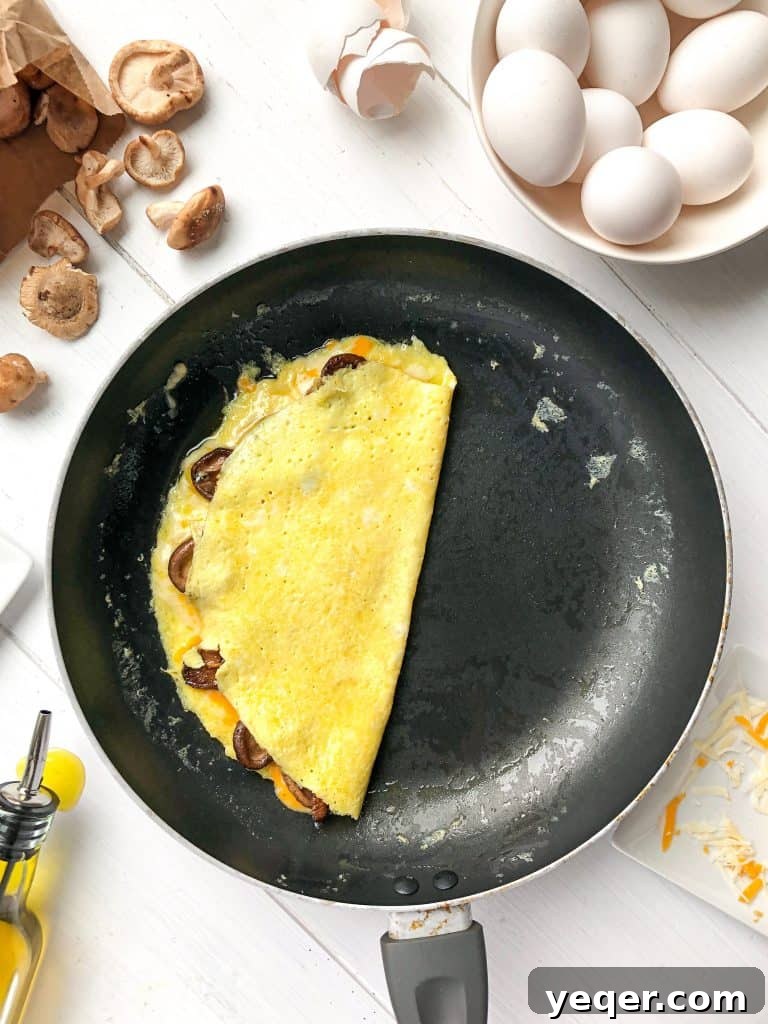 Crafting Irresistible Omelettes 6 A perfectly cooked and folded omelette resting in a pan, ready to be served.