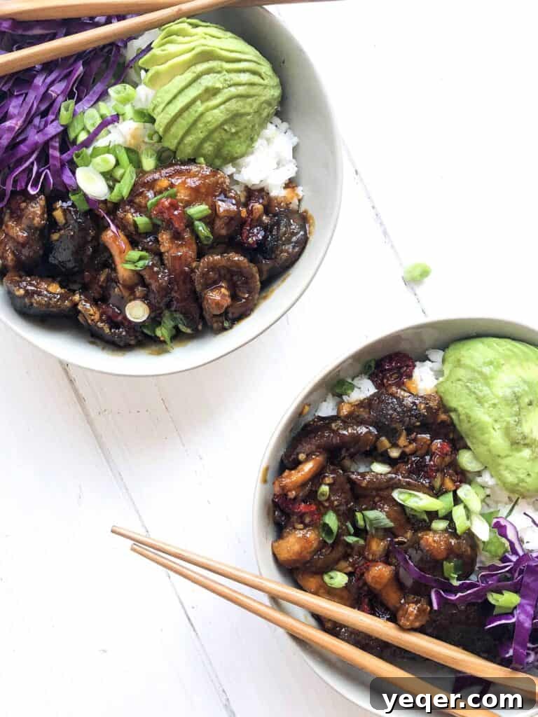 Two vibrant servings of Mongolian Shiitake Mushroom Bowls, garnished beautifully and ready to be enjoyed as a wholesome and flavorful meal.