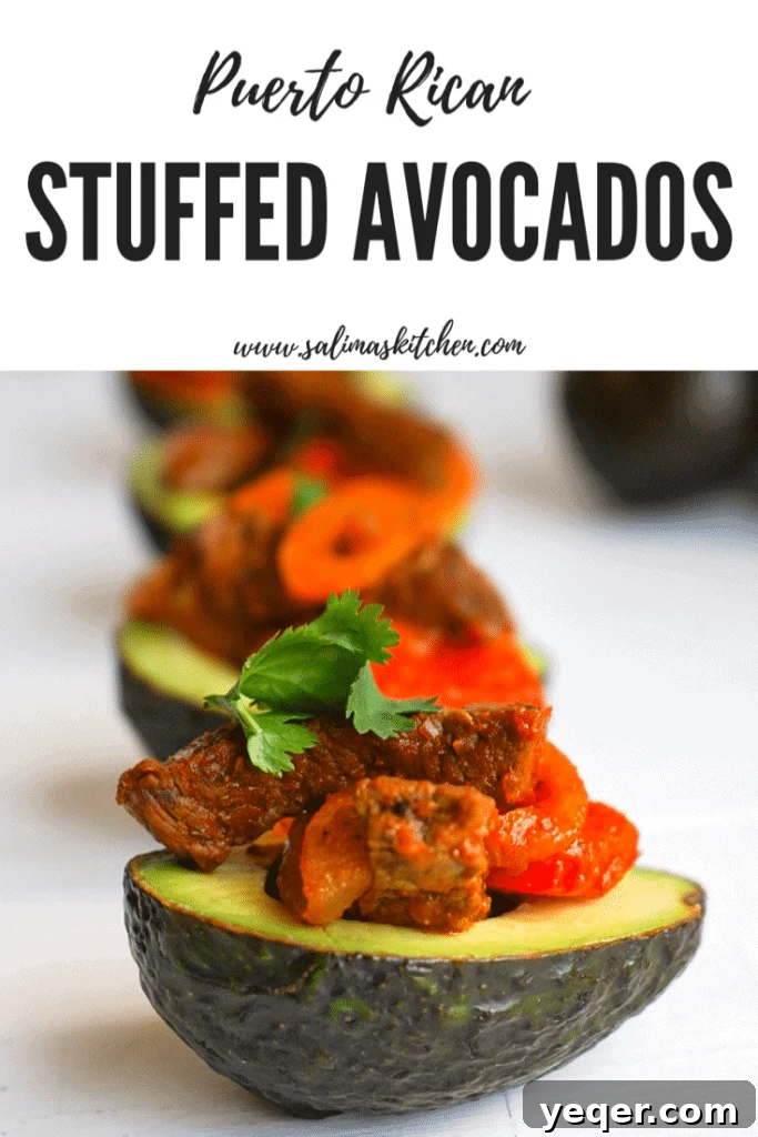 Puerto Rican Steak Avocado Boats 9 A final presentation of Puerto Rican Steak Stuffed Avocados, showcasing their appealing texture and colors.