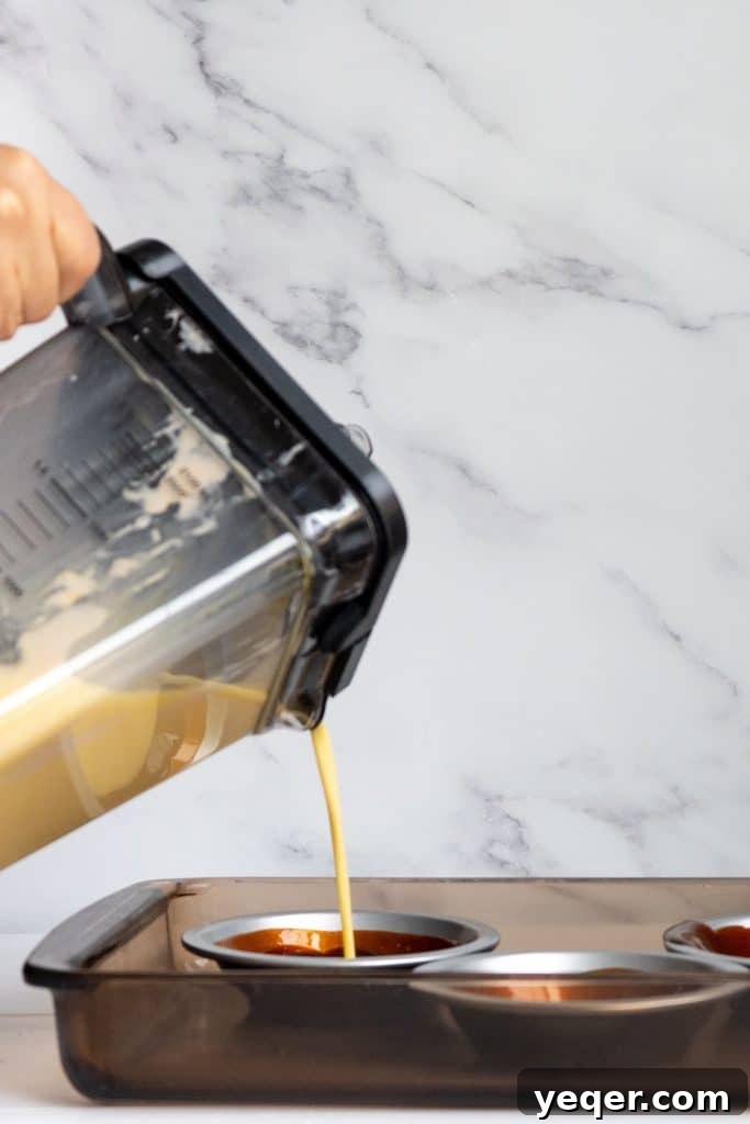 Salty Sweet Symphony: Puerto Rican Coconut Flan 6 Pouring custard mixture into baking dishes for Puerto Rican Salted Coconut Flan.