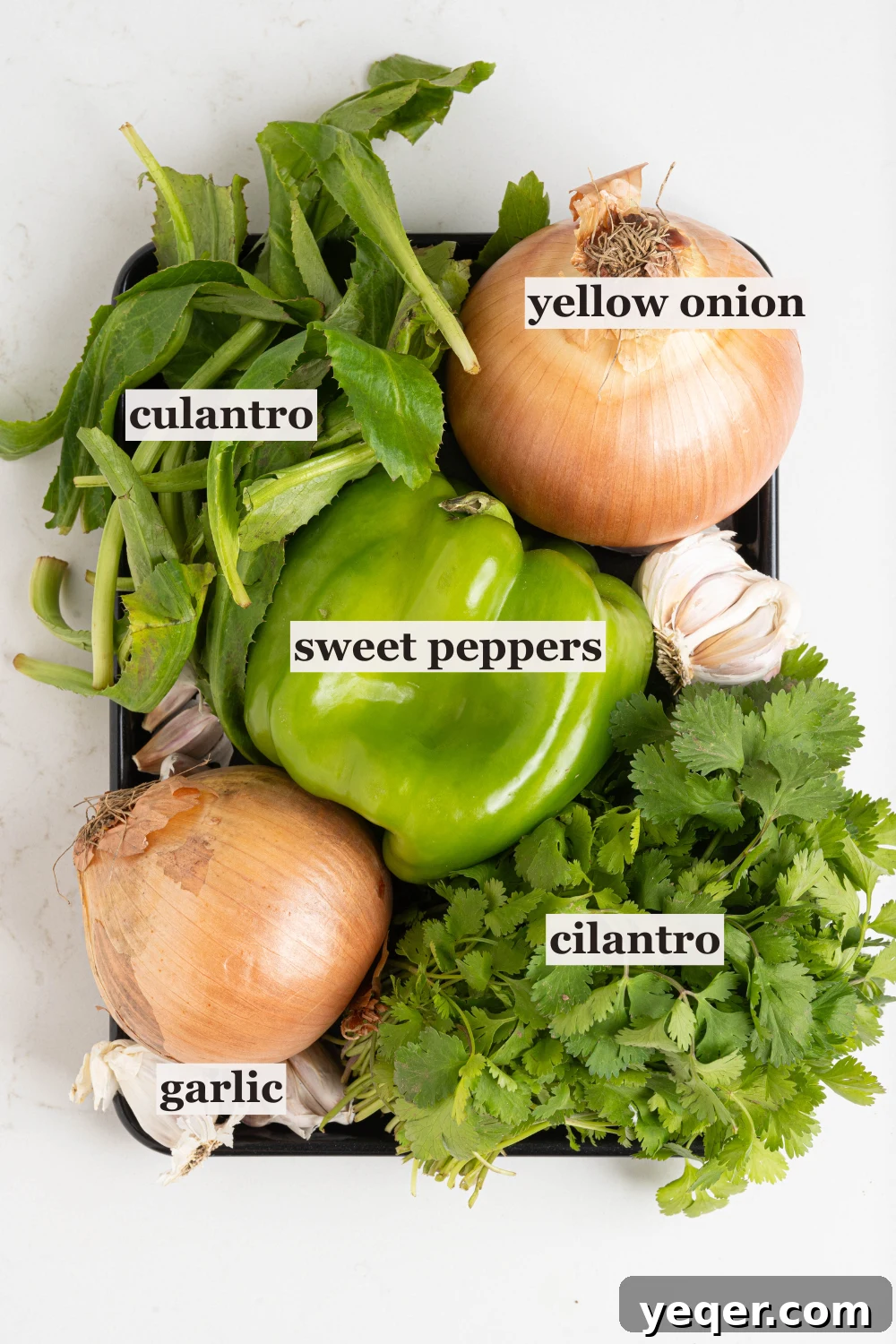 Vibrant Homemade Puerto Rican Sofrito 3 A platter with fresh onions, vibrant culantro, various peppers, and garlic cloves, ready for sofrito preparation.
