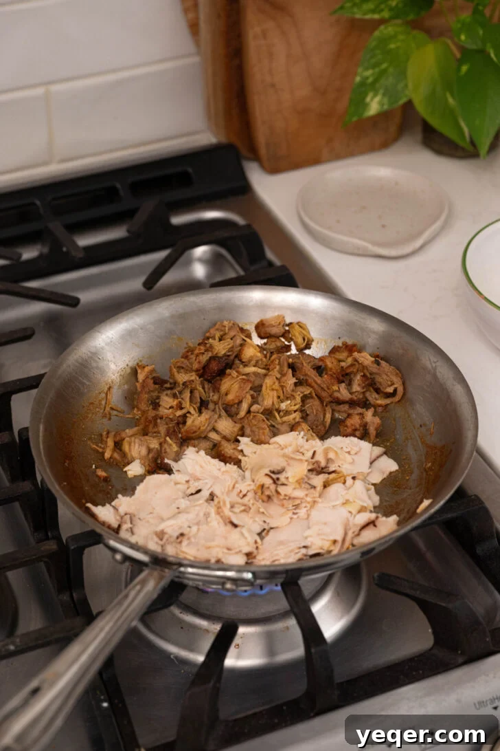 Tripleta: Puerto Rican Three-Meat Sandwich Recipe and Guide 4 Pernil and deli meat heating in a pan.